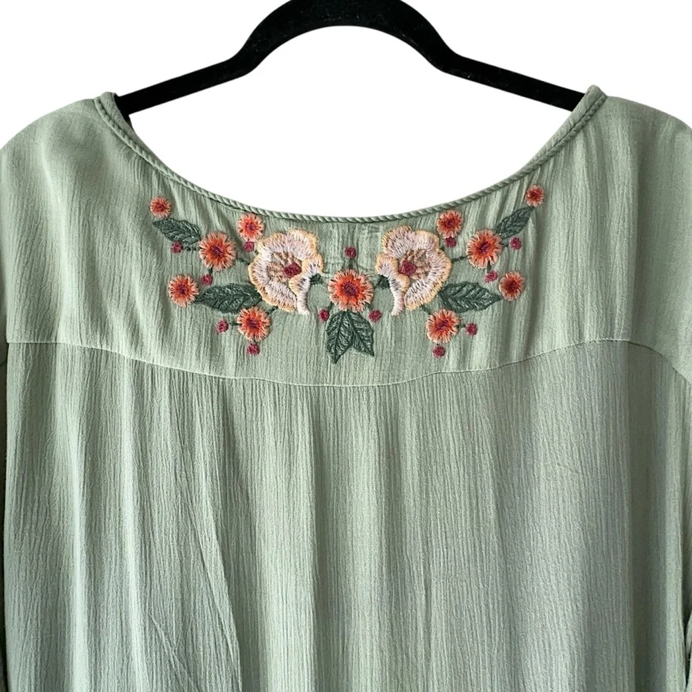FREE PEOPLE SPELL ON YOU EMBROIDERED DRESS EARTH SAGE TASSEL TIES LINED | LARGE